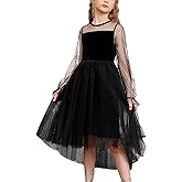 CHILDRENSTAR Girls Mesh Contrast Long Sleeve Velvet Dress Trendy High Low Party Dresses