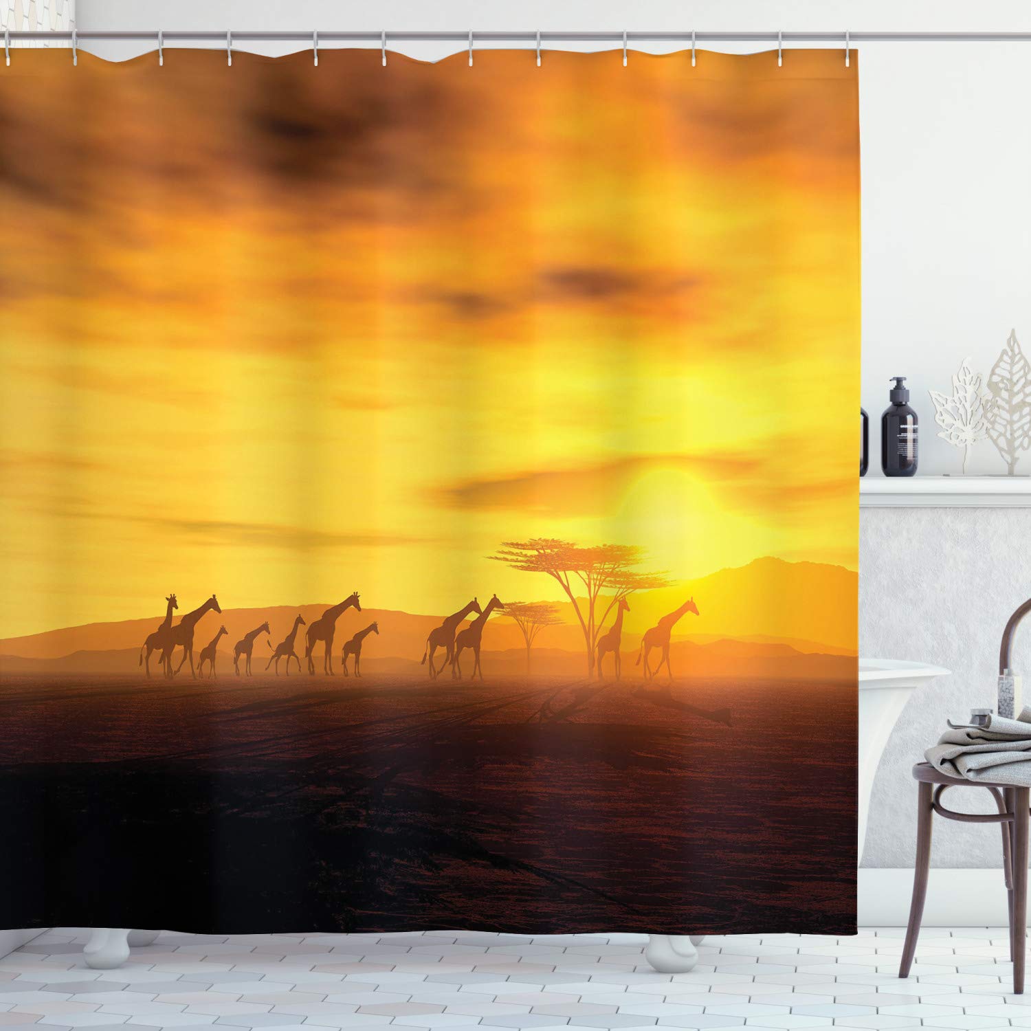 ABAKUHAUS Savannah Shower Curtain, Dramatic Sunset Giraffes, Cloth Fabric Bathroom Decor Set with Hooks, 175 x 180 cm, Marigold And Amber — image 1
