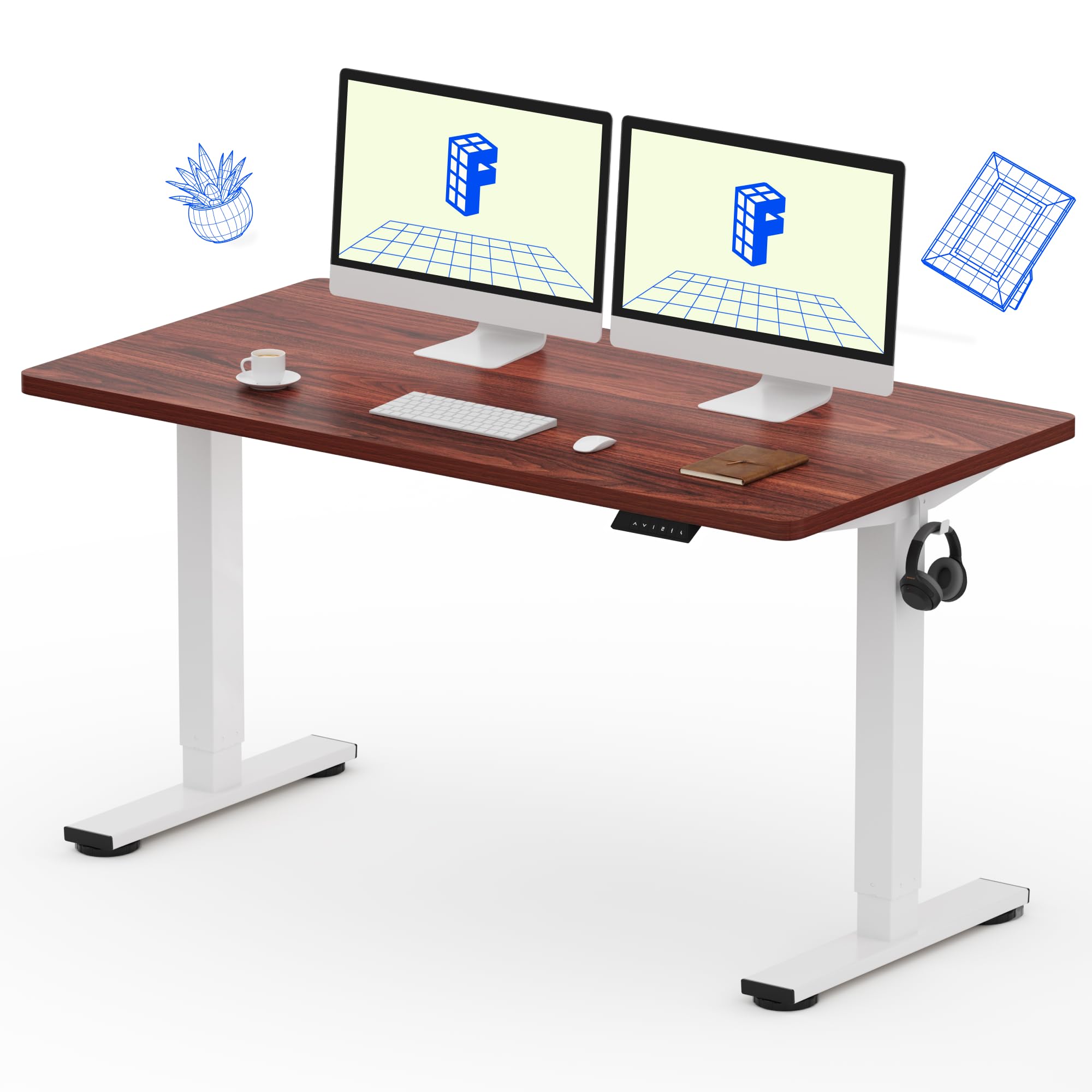 FLEXISPOT EN1 One-Piece Standing Desk with 1-Inch Thick Seamless Desktop, 55"x28" Electric Height Adjustable Desk for Home Office, Multi-Monitor Setups & Easy Assembly, Mahogany