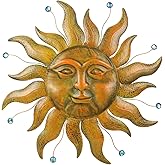 dreamskip Sun Metal Wall Art, 3D Sun Face Large Wall Art for Living Room, Retro Gold Wall Hanging Decor, Brass Wall Sculptures with Blue Bead, 27 Inches Wall Decor for Garden Yard Patio Home