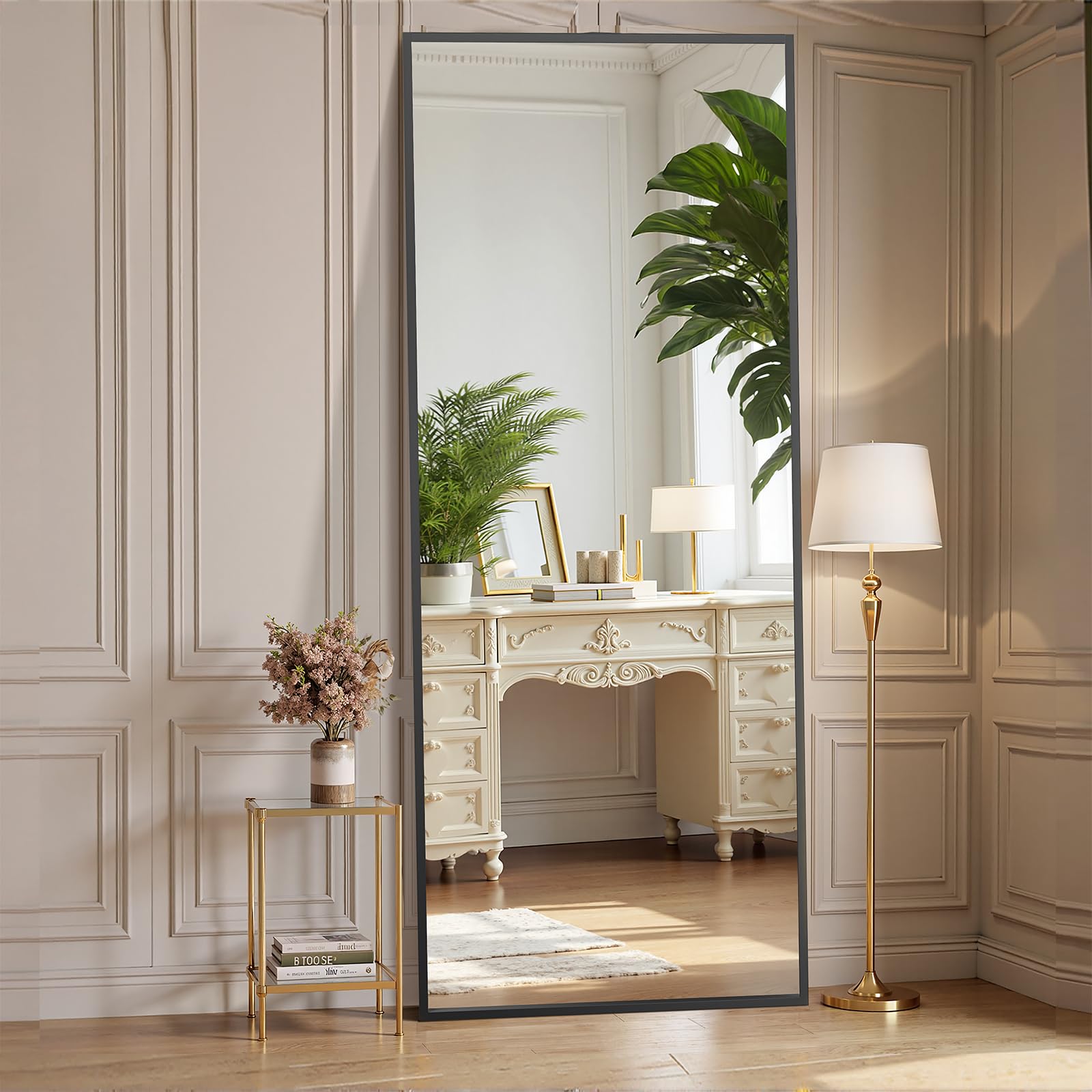 OLIXIS Full Length Mirror for Bedroom, 56"x21" Full Body Mirror with Stand, Hanging or Leaning for Wall, Aluminum Alloy Thin Frame Floor Standing for Living Room, Long, Black Image