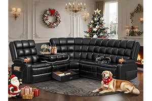 TIOOII Recliner Sectional Sofa, Home Theater Seating 5 Seats L-Shaped Reclining Corner Couch with Flip-Down Backrest, Drawers, Cup Holders & USB, 150° Manual Recline & Removable Armrest for RV & Living Room