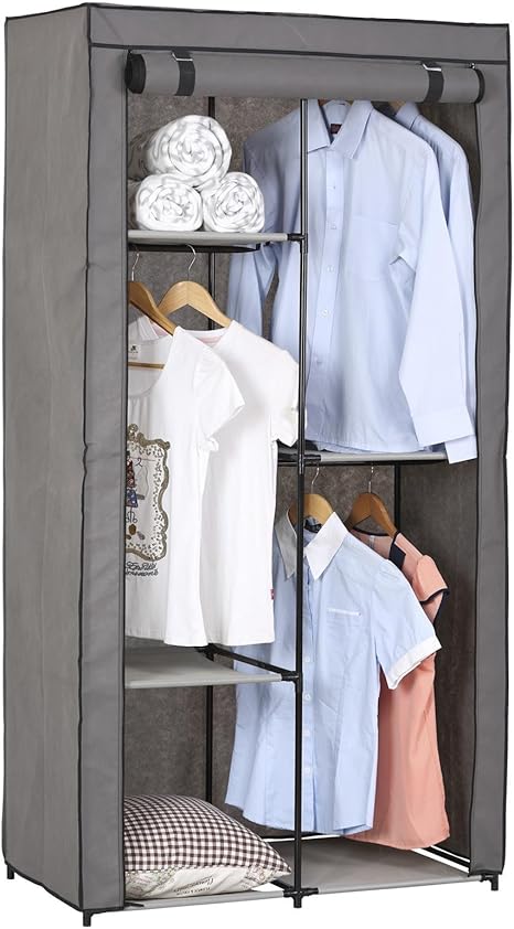 Stoffkleiderschrank Kellerschrank Faltkleiderschrank Adam Mit 3 Kleiderstangen Und 2 Regalfachern Mit Schutzhulle In Grau 5 Verschiedene Aufbauvarianten Amazon De Kuche Haushalt