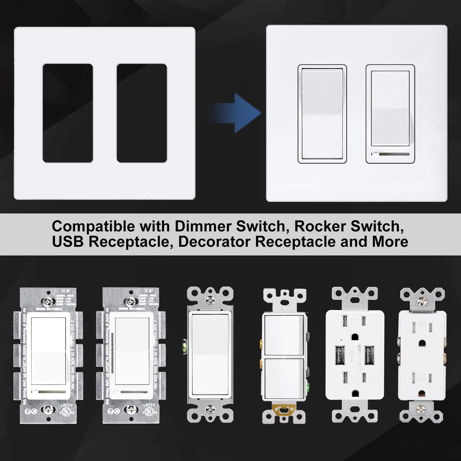 [5 Pack] BESTTEN 2-Gang Screwless Wall Plate, USWP6 Snow White Series, Decorator Outlet Cover, 4.69” x 4.73”, for Light Switch, Dimmer, GFCI, USB Receptacle, UL Listed - - 