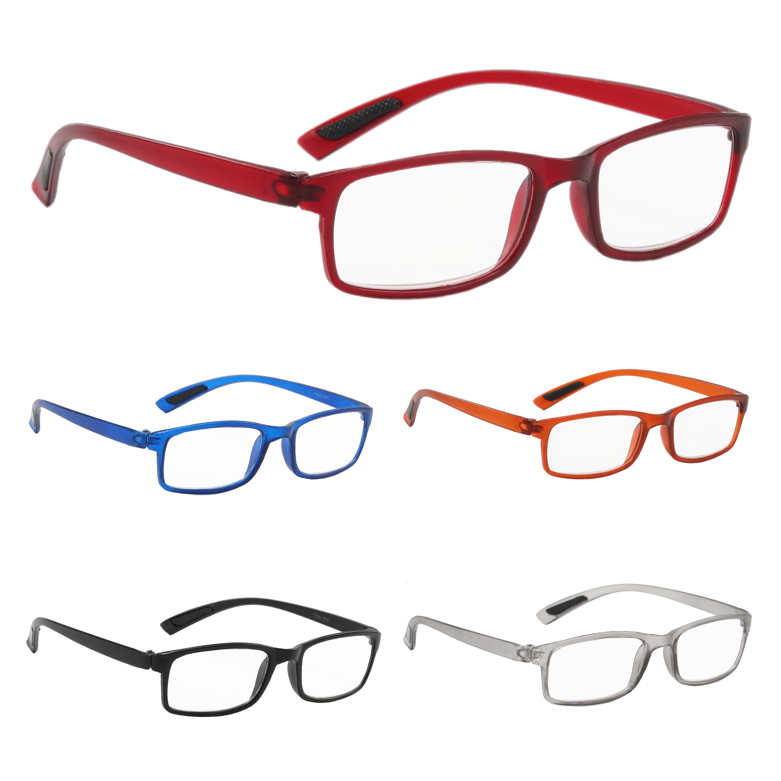 PROFLEX SpareSpecs Reading Glasses (value 5 pack) - lightweight, impact resistant, scratch resistant, bendy, flexible, anti-slip, unisex (mens + womens) (black, grey, brown, red, blue; classic; +1.0) — image 1