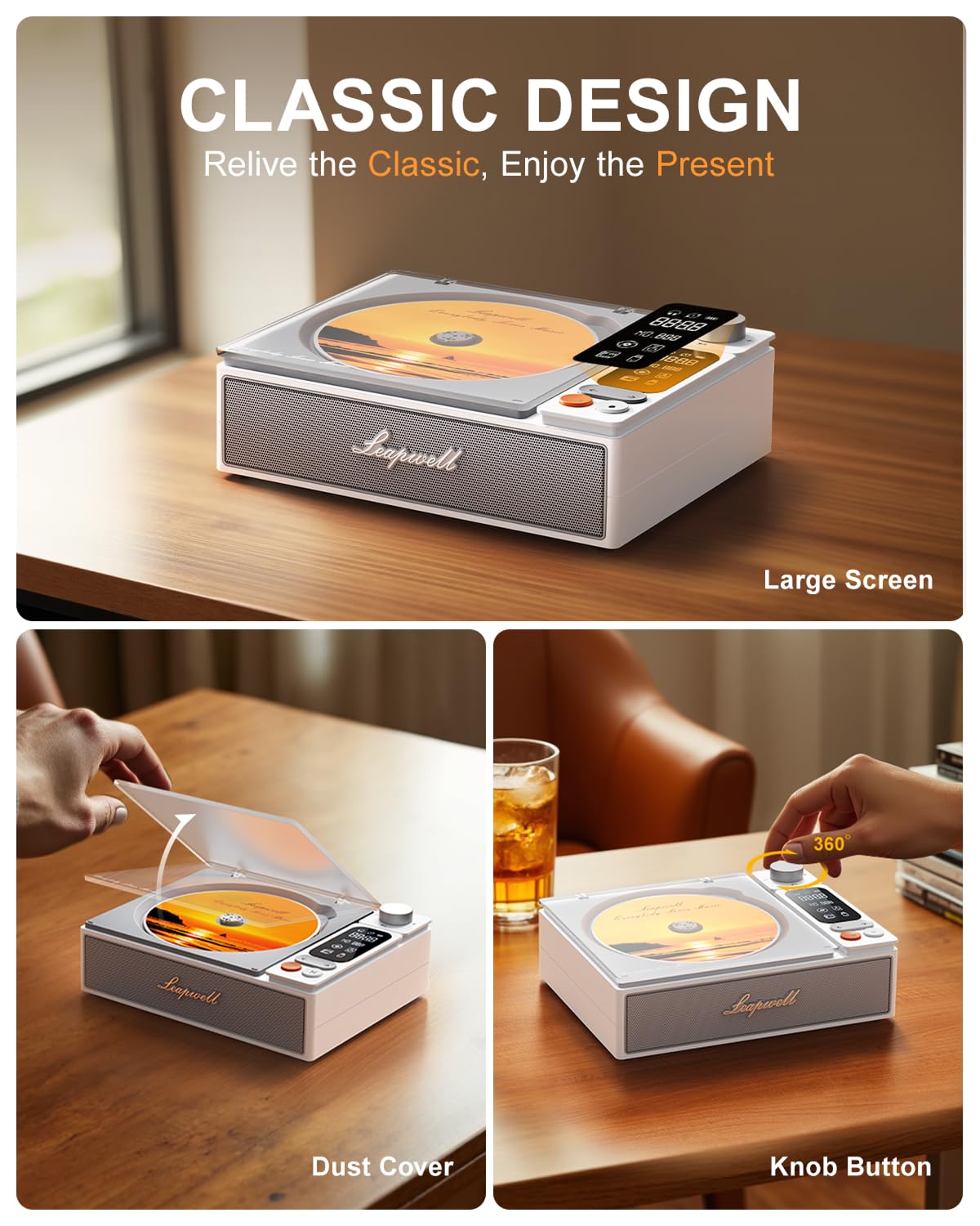 Leapwell CD Player Portable Bluetooth Desktop CD Players for Home with Speakers Rechargeable Small Retro CD Player with LCD Screen Optical USB White