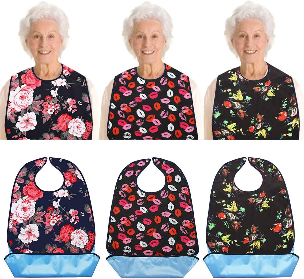 Vlokup Adult Bibs for Eating Women & Men, 3 Pack, Waterproof Mealtime Clothing Protector for Elderly, Optional Crumb Catcher, Adjustable Snaps, Reuasale Washable, Rose & Lips: Health & Personal Care