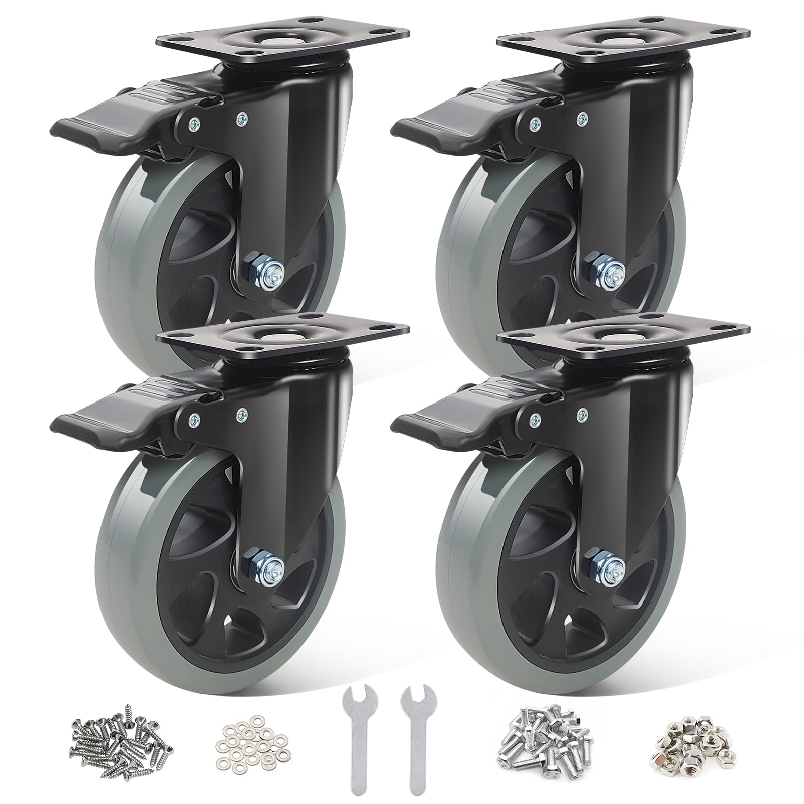 BAOLIHUI Heavy Duty Castors 125 mm Grey Set of 4 Furniture Castors up to 800 kg, Non Marking Double Locking Swivel Castors with Brake, Includes Screws - Ideal for Workbenches Trolley