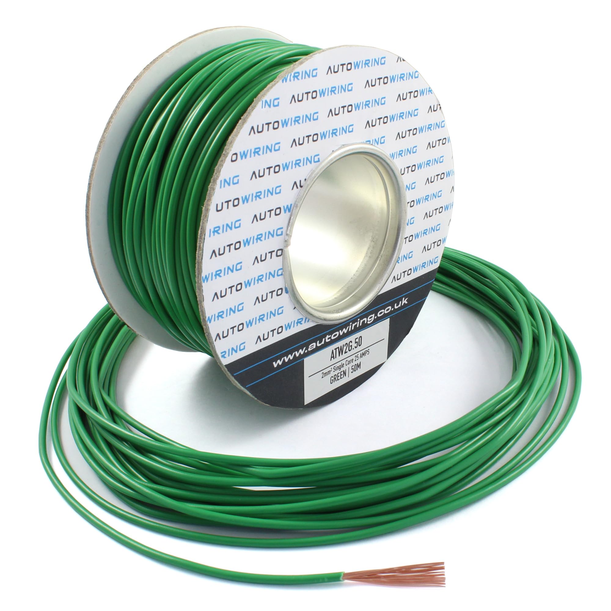 25 AMP Rated 2mm² Single Core Stranded Copper Cable 12v 24v Thin Wall Wire (10M 20M 50M 100M) (GREEN, 50M Roll)