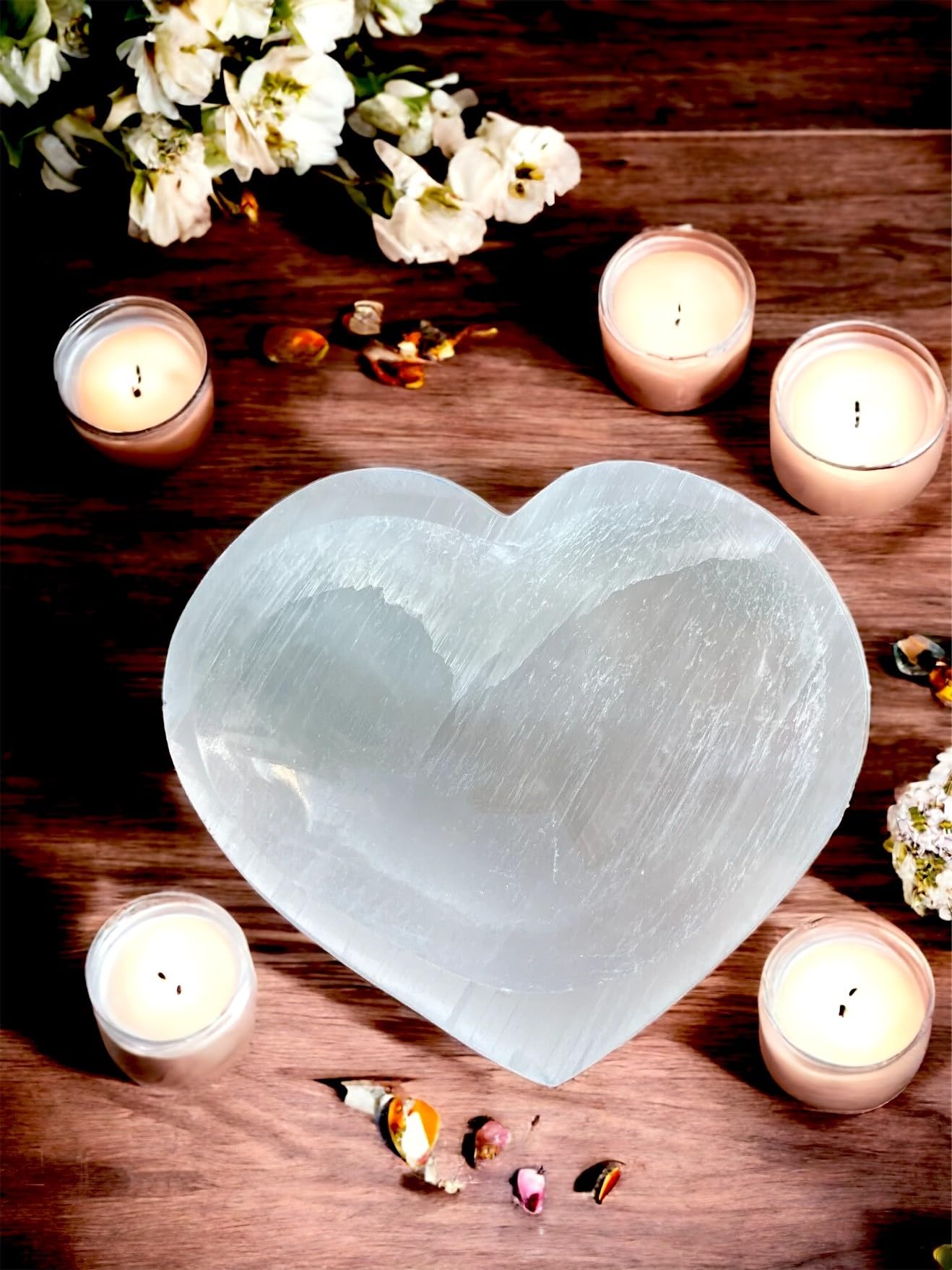 4All Selenite Crystal Natural White Heart Bowl Handmade Natural Charging Crystal Altar Tumble Stone Meditation Healing Power Decoration Gift 10cm Heart