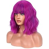 BERON Rose and Purple Womens Wig Short Curly Bob Wig with Bangs for Girls Fuchsia Colored Wavy Hair Wigs 12'' Women's Magenta Synthetic Wigs Daily or Cosplay Use