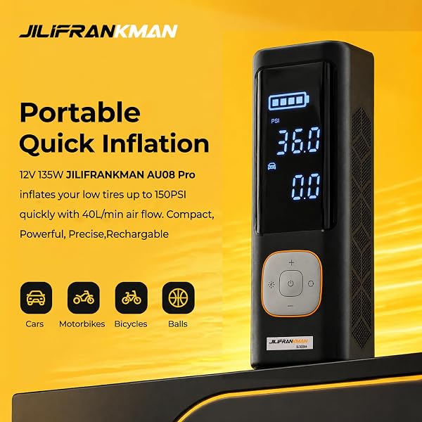 JILIFRANKMAN AU08 PRO 12V 135W 40L/MIN CORDLESS TIRE INFLATOR FOR CAR TIRES WITH DIGITAL PRESSURE GAUGE, LED LIGHT AND AUTO SHUT-OFF FUNCTION – PICKUP TRUCK,SUV，CAR, MOTORCYCLE, BICYCLE, BALL