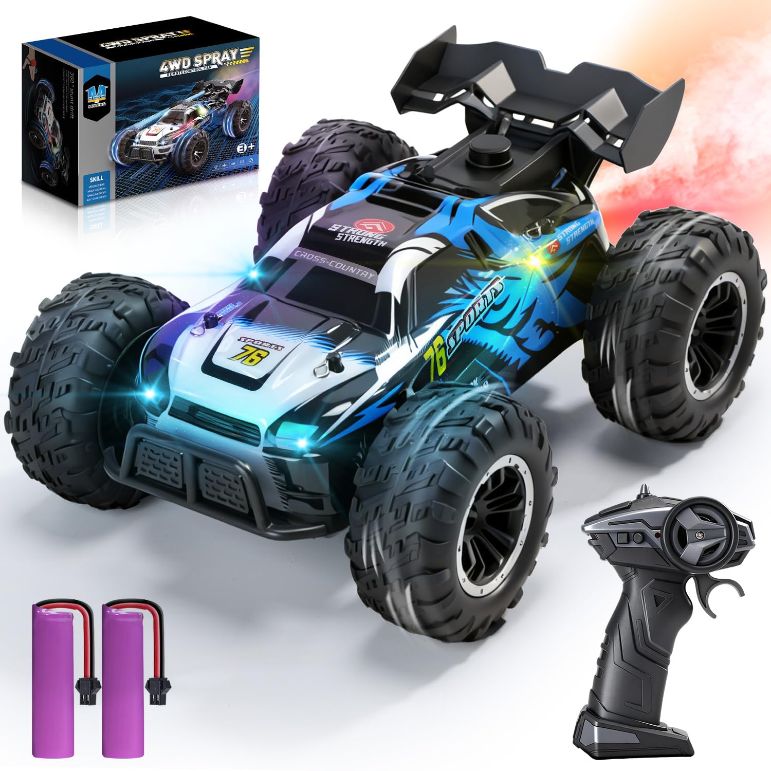 DEERC 1:16 4WD RC Car with LED Lights, Music & Spray, 2.4GHz Indoor Outdoor Off-Road Remote Control Vehicle with Dual Battery 40-Min Playtime, One-Click Demonstration Gift for Kids Boys Ages 5-12