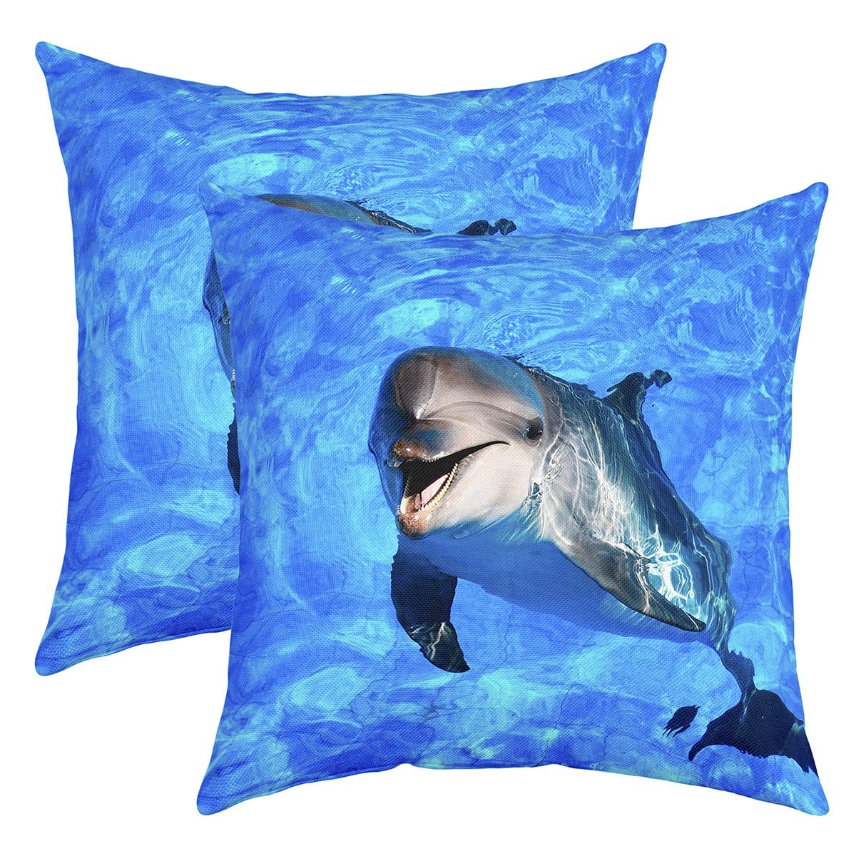 Loussiesd Pack of 2 Dolphin Decorative Throw Pillow Covers Soft Cute Ocean Animal Square Cushion Case Set for Sofa Bedroom Living Room Blue Ocean Marine Themed Pillow Cases Pillowcases 16x16 Inch — image 1