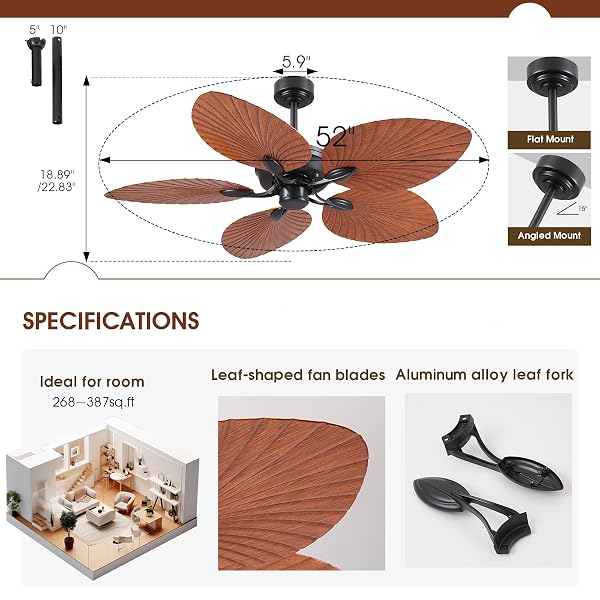 PHORUS 52″ WATERPROOF OUTDOOR PALM LEAF CEILING FANS WITHOUT LIGHTS AND REMOTE,WET RATED TROPICAL CEILING FANS FOR PATIOS PORCH GAZEBO PERGOLA