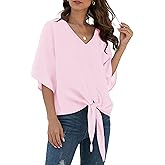VIISHOW Womens Tie Front Chiffon Blouses V Neck Batwing Short Sleeve Summer Tops Shirts