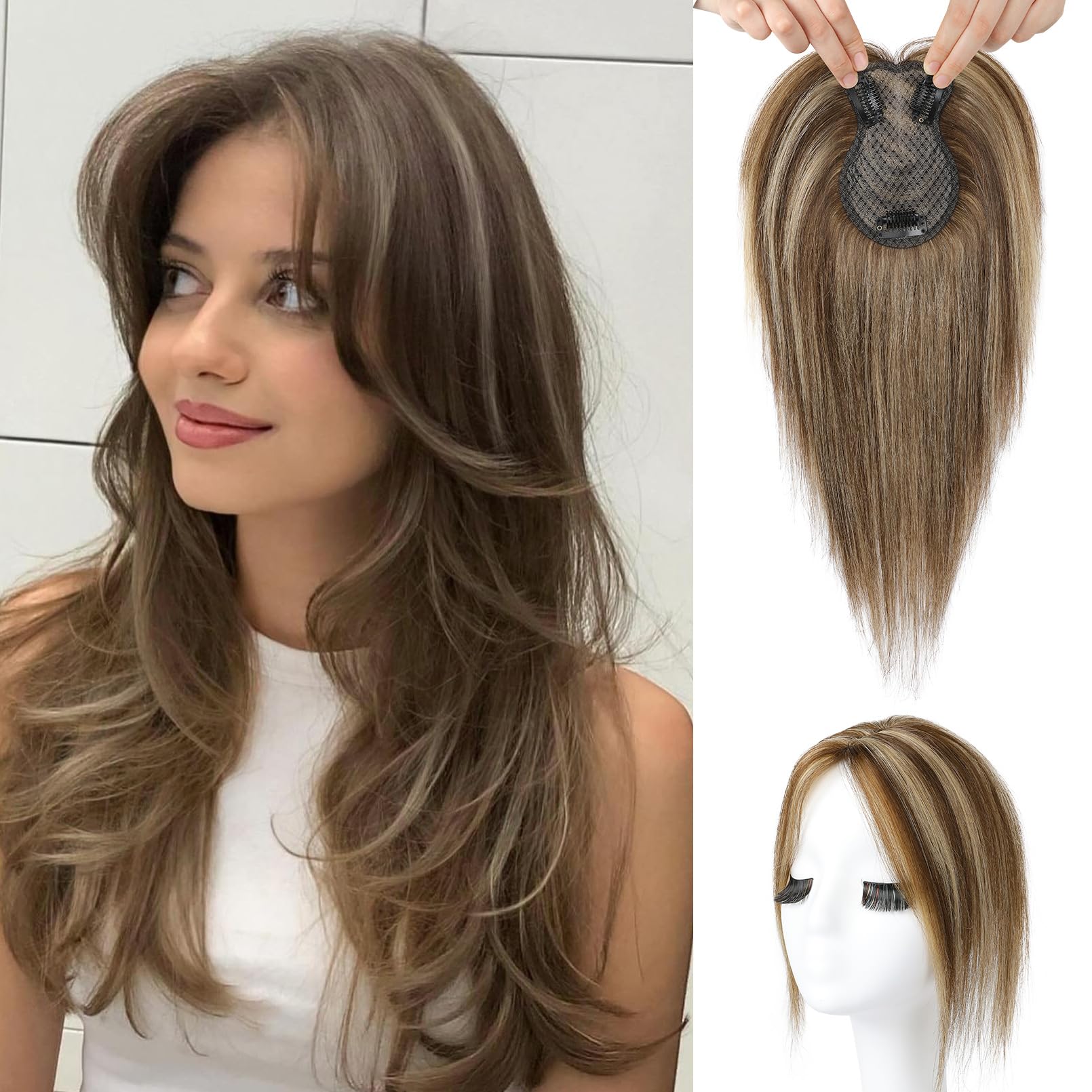 Photo 1 of Flufymooz 100% Real Human Hair Toppers for Women, 10 Inch Clip in Human Hair Topper for Thinning Hair, 360°3D Cover Clip in Bangs Natural Hairpiece With 4.5'' x 3'' Silk Base-Medium Brown with Blonde