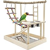 Hamiledyi Bird Playground Wooden Parrot Perch Stand Cockatiel Playground | Bird Play Gym Colours Climb Ladders Parakeet Swing Chew Toys with Feeding Cups Exercise Activity Center for Lovebirds Conure