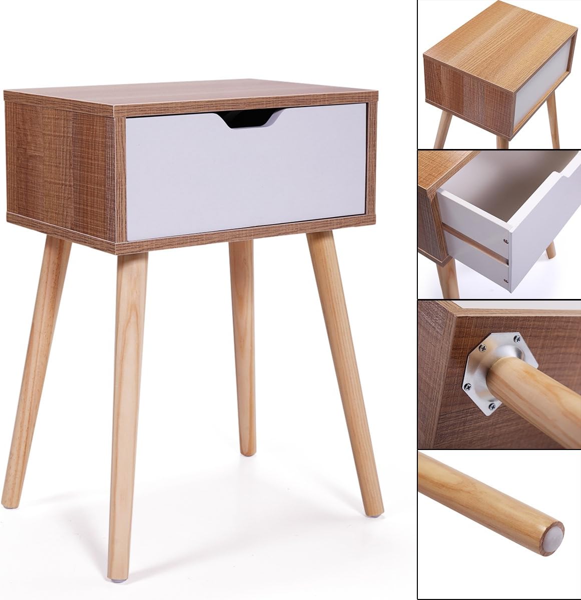 JAXSUNNY Mid-Century Solid Wood Legs Side Table, Bedside Table Nightstand End Table, with White Storage Drawer 23.1" H - Set of 2 in Walnut: Kitchen & Dining