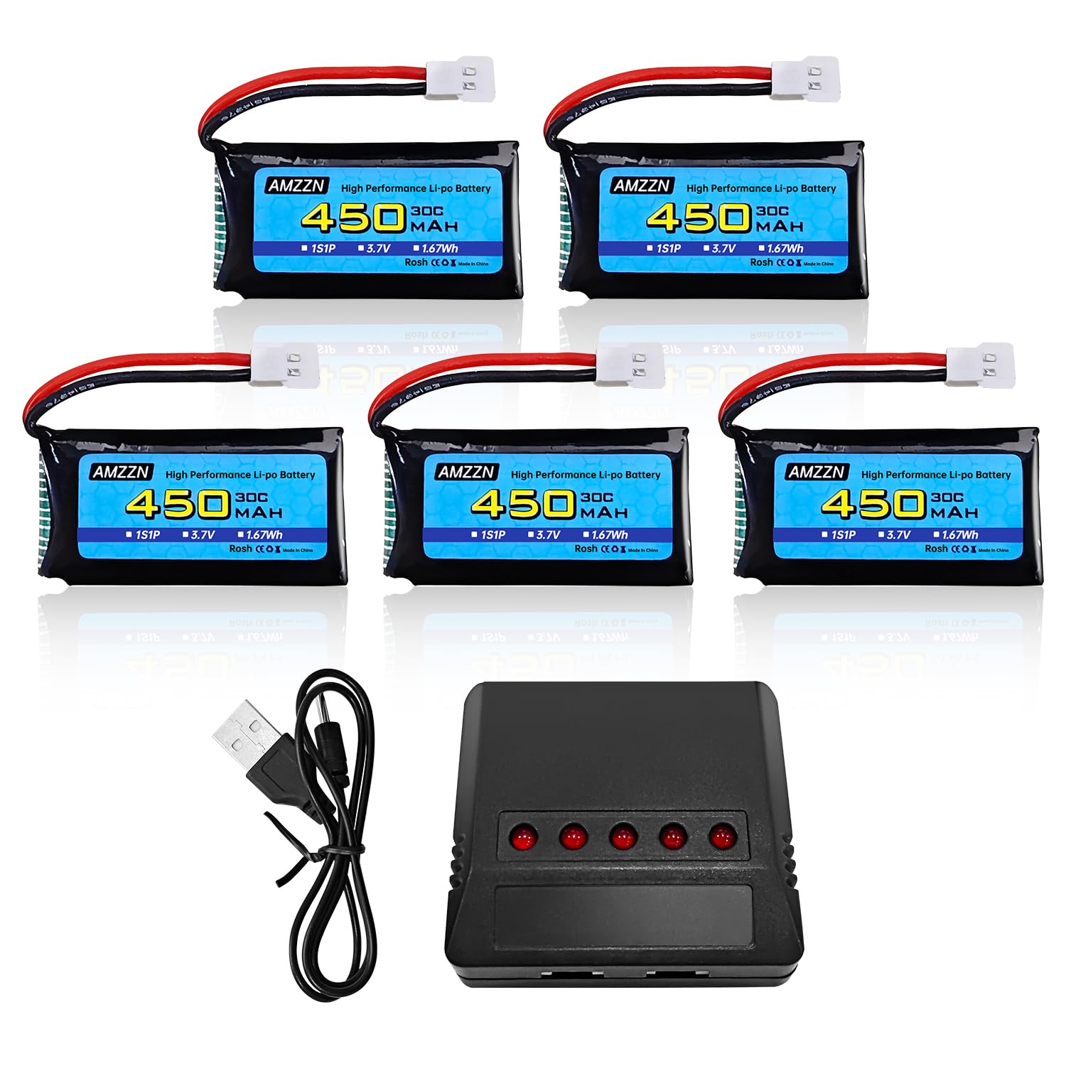 AMZZN 5PCS 3.7V 450mAh 30C Lipo Battery with 5-in-1