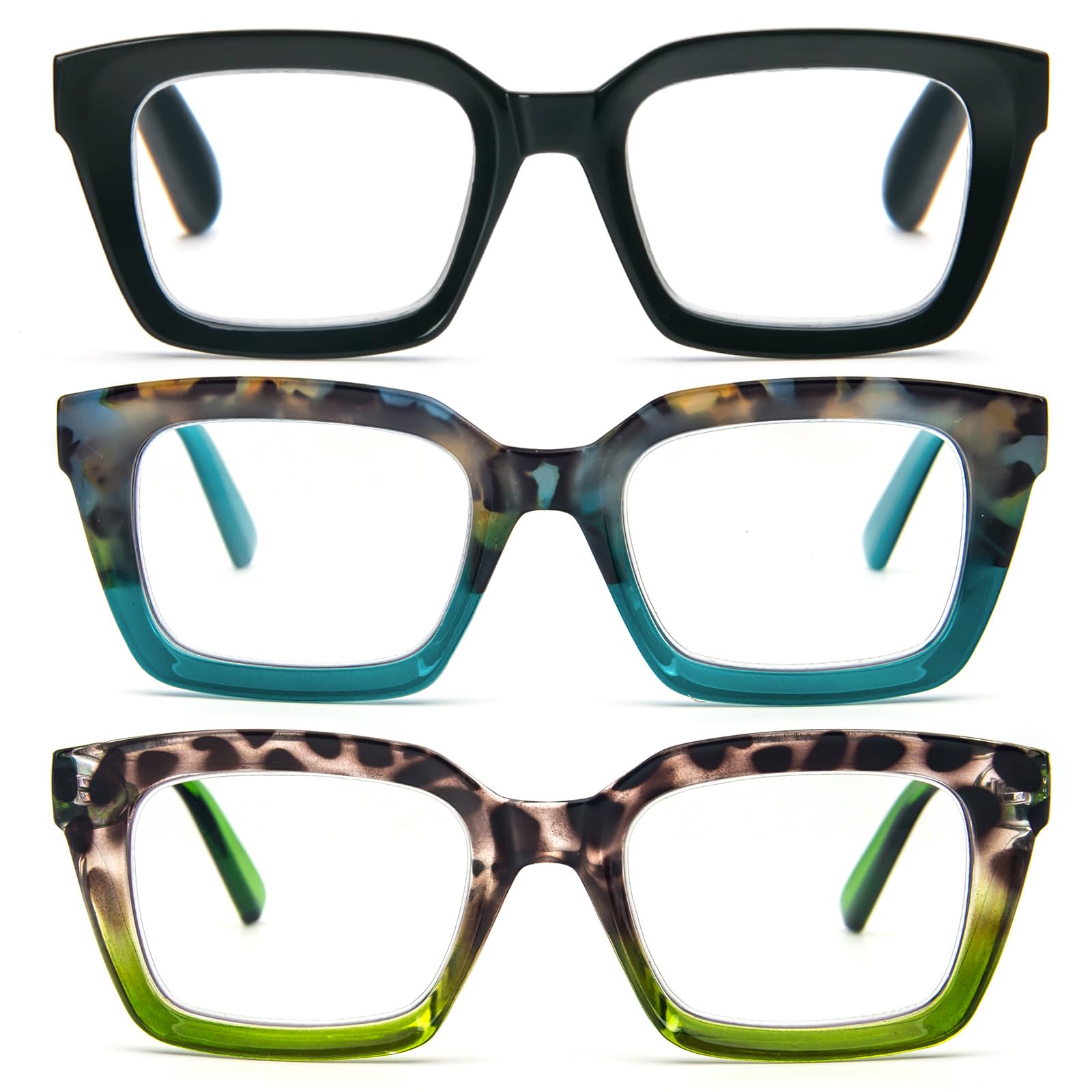 MMOWW 3-Pack Oversized Reading Glasses for Women - Anti Blue Light Glasses with Square Frame (Black+Hawksbill blue+Hawksbill green, +2.5) — image 1