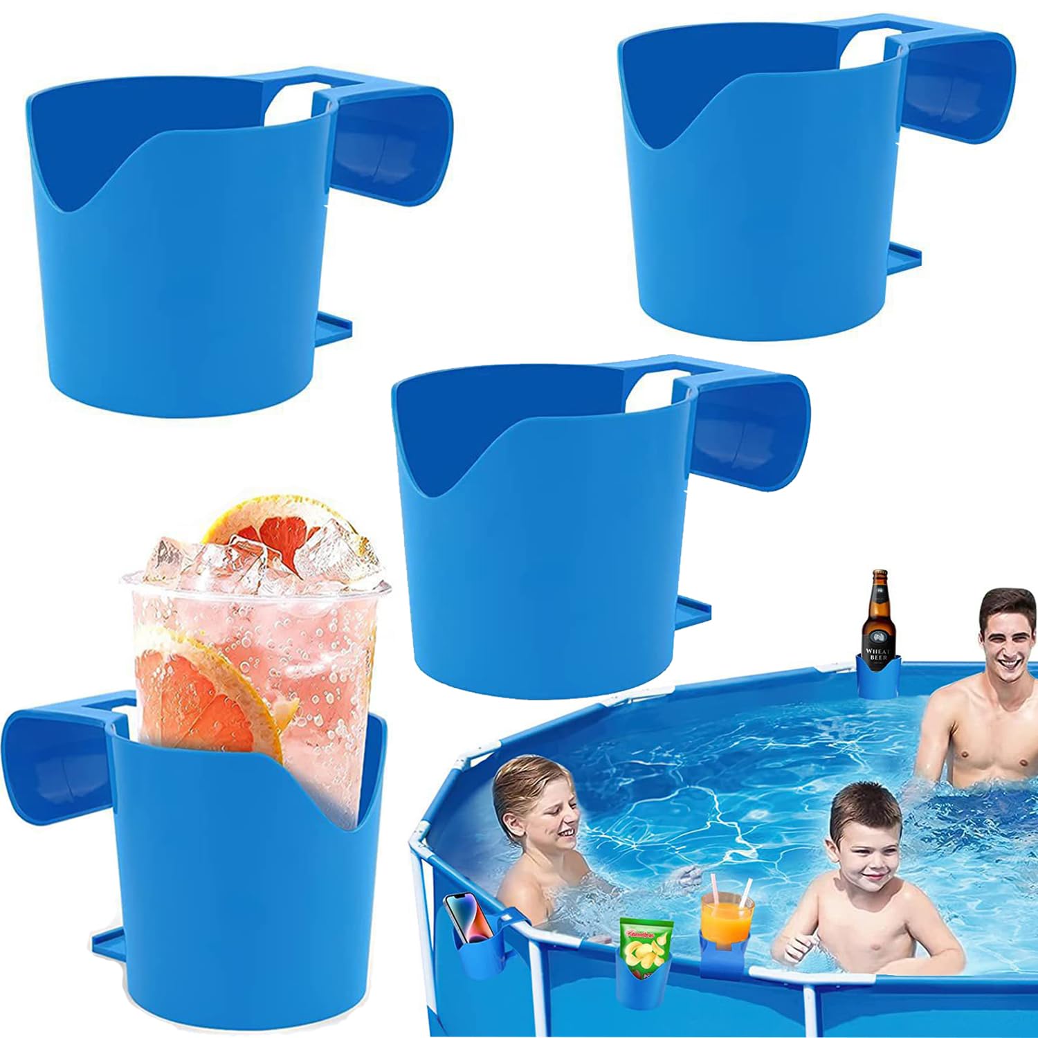 Poolside Cup Holder for Above Ground Pools, Swimming Pool Cup Holder for Drinks, No Spills Holder Clip, Easy to Hang, Only Fits 2 Inch Or Less Round Top Bar (Blue-4 Pack)