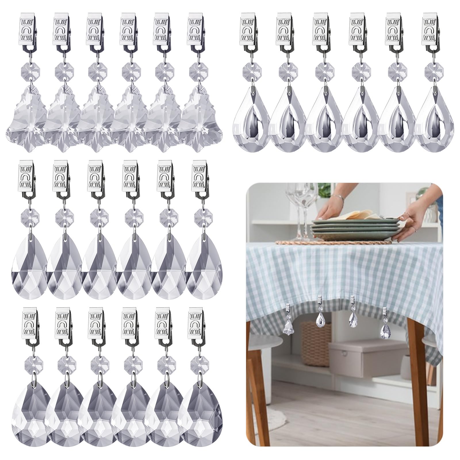 Photo 1 of 24 Pack Tablecloth Weights, Crystal Table Cover Pendant with Metal Clip Clamps, Glass Heavy Teardrop Prisms Table Cloth Hangers for Decoration, Outdoor Picnic, Family Dinner Party