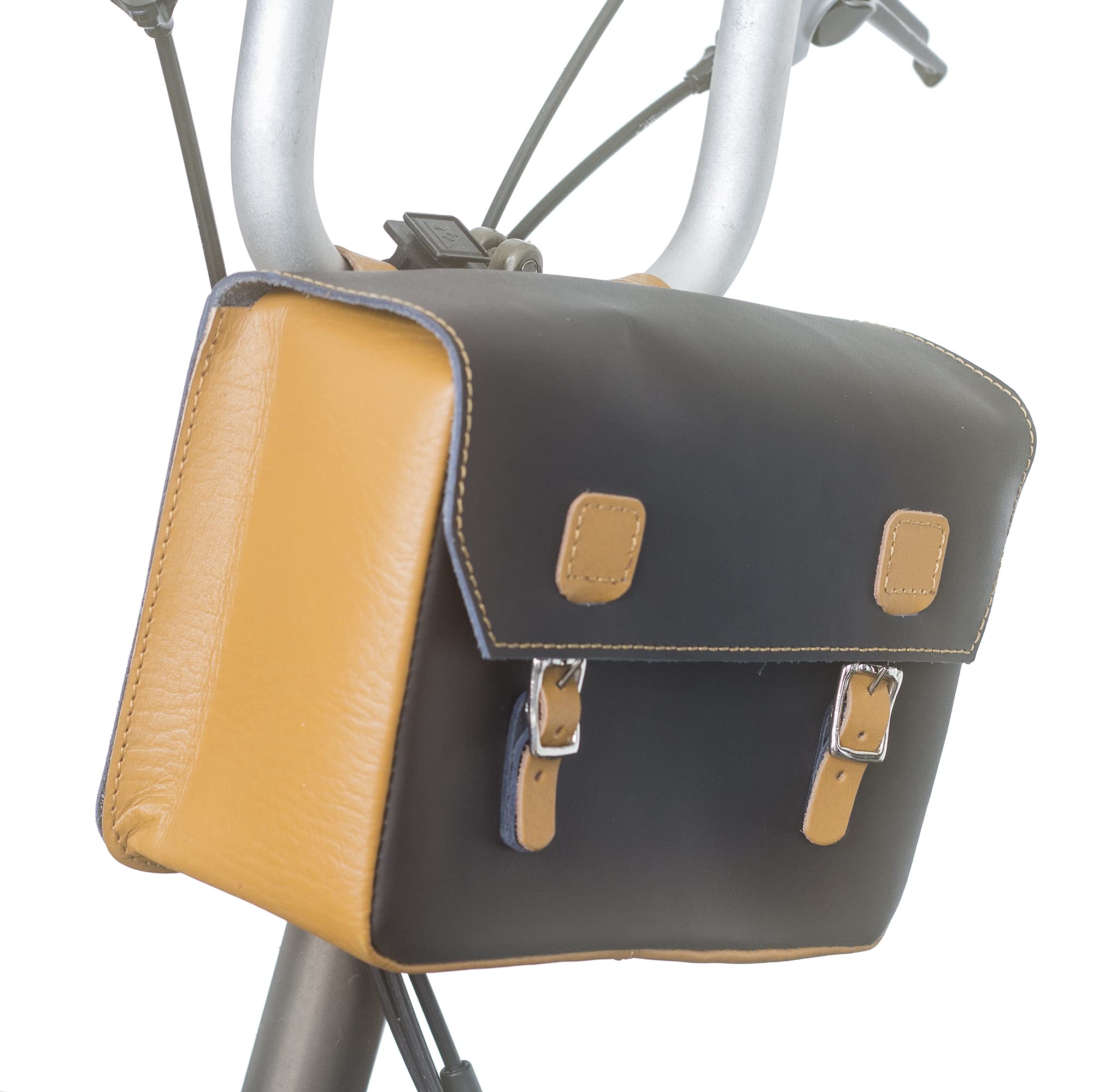 London Craftwork Large Leather Handlebar Saddle Bag for Brompton in Black/tan