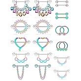 Ftovosyo 20Pcs Nipple Ring 14G Surgical Steel Tongue Nipplerings Barbell Bar Hoop Rings Retainer CZ Heart Chain Dangle Nipple Piercing Jewelry for Women Men 14MM (9/16 Inch)