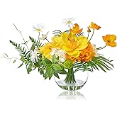 WELL KNOWN Artificial Silk Flowers in Glass Vase for Dining Table Decor, Tropical Orange Orchid Flowers Bouquet Arrangement with Faux Water for Home Office Wedding Party Dining Table Centerpieces Gift