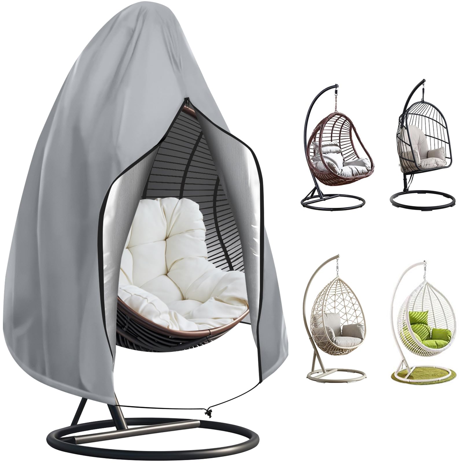 Teynewer Patio Hanging Egg Chair Cover, Outdoor Single Seat Cocoon Swing Egg Chair Veranda Garden Large Cover, Waterproof with Zipper, 210D Heavy Duty for egg chair on stand 190 x 115 cm, Grey