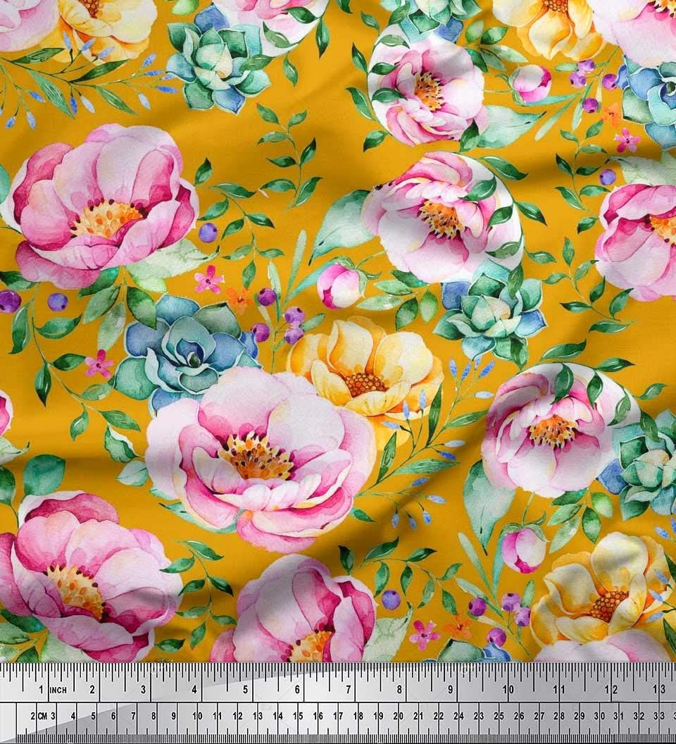 Soimoi Gold Velvet Fabric Leaves & Floral Fabric Prints by Yard 58 Inch Wide