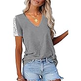 Eachyes Womens Lace Short Sleeve V Neck T Shirts Summer Casual Tops Loose Fit Tees Blouses