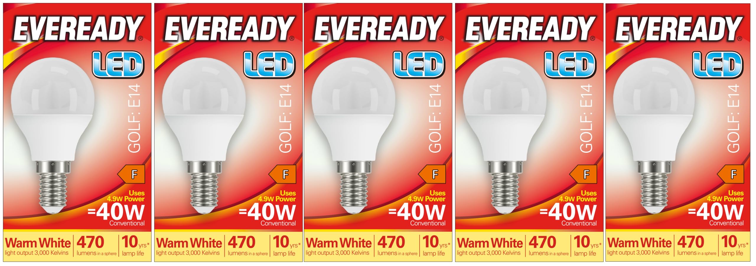 Eveready E14 Bulb LED Golf (SES) 470 lumens 4.9 Watt Warm White 3,000K. Pack of 5 Bulbs