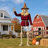 SOPAYL 12 Ft Skeleton Costume Giant Skeleton Clothes Red Black Plaid Shirt Scarecrow Hat with Straw Hair and Rope Halloween Fall Outdoor Yard Farmhouse Decoration