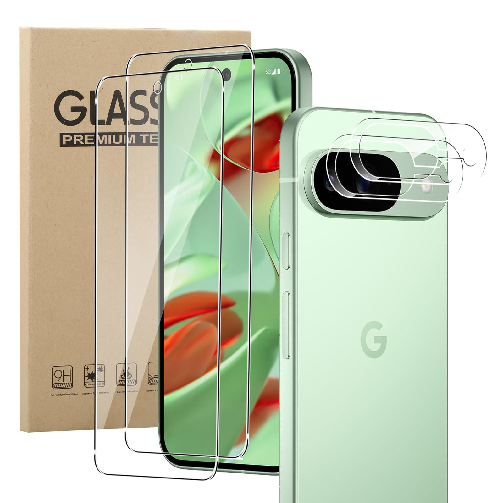 KZIOACSH Screen Protector for Google Pixel 9, [2+2 Pack] 9H Hardness[Anti-Scratch] Front Screen Tempered Glass HD Clear [Bubble Free] Protective Cover Film with Camera Lens Protector