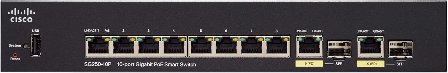 Commutateur Réseau Cisco SG250-10P - 8 Ports Gigabit PoE + 2 Ports SFP - 62W PoE - Gestion Facile - Garantie à Vie Limitée