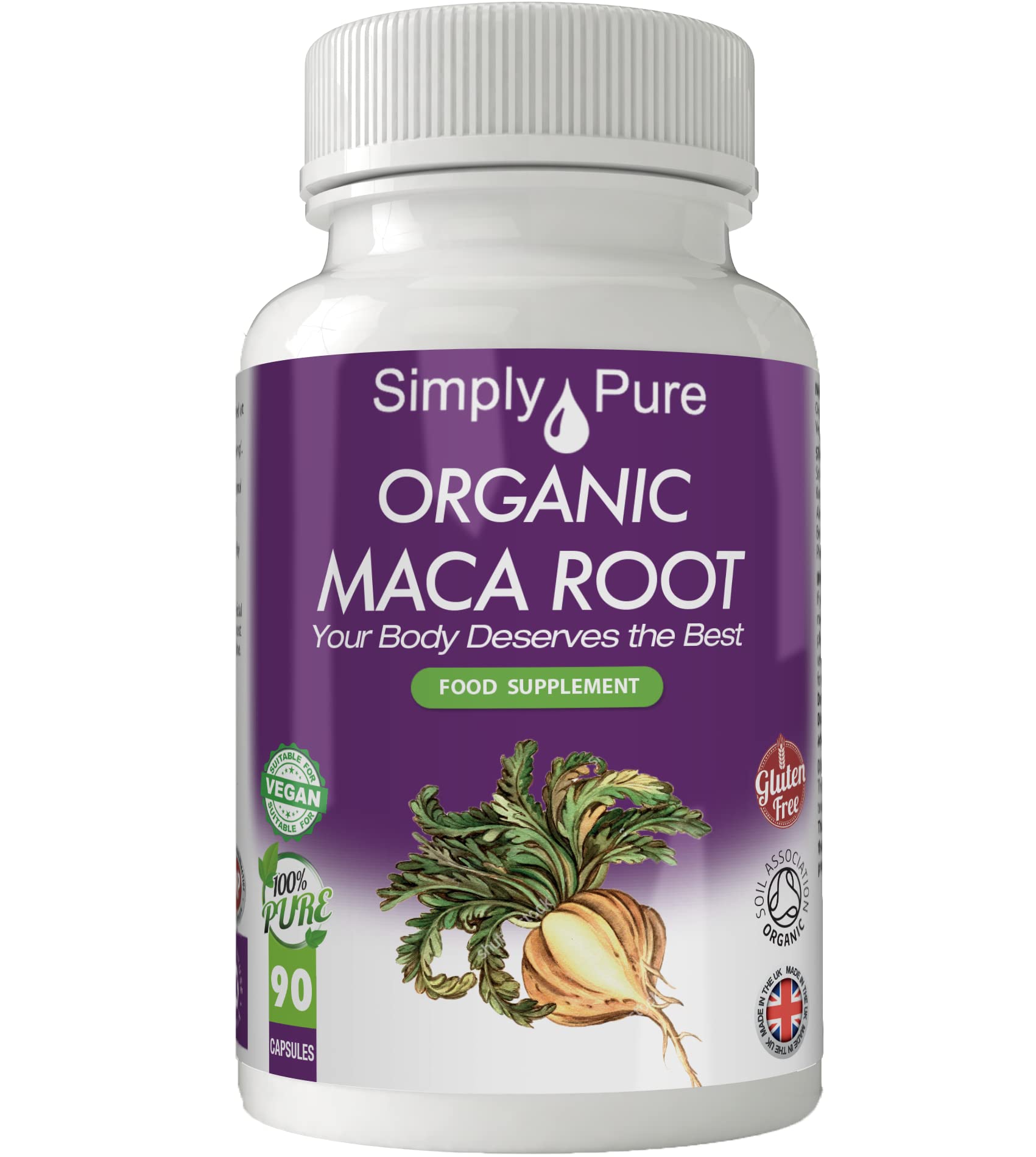 Simply Pure Organic Maca Root for Energy & Stamina Boost | 500mg Capsules x 90 | A Blend of Yellow, Red & Black Maca | 100% Pure Soil Association Certified | Gluten Free | GM Free | Vegan