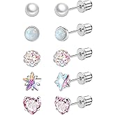 Staligue 5 Pairs Titanium Earrings for Sensitive Ears Hypoallergenic Screw Back Earrings for Women Opal Pearl Heart Star CZ 20G Pure Titanium Screw On Earrings