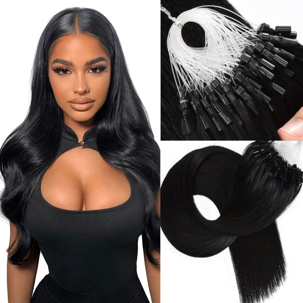Micro Beads Hair Extensions 0.5g/s 100s Straight Human Virgin Hair Extensions Easy Loop Brazilian Remy Hair Extension (14 inch, #1 Jet Black)