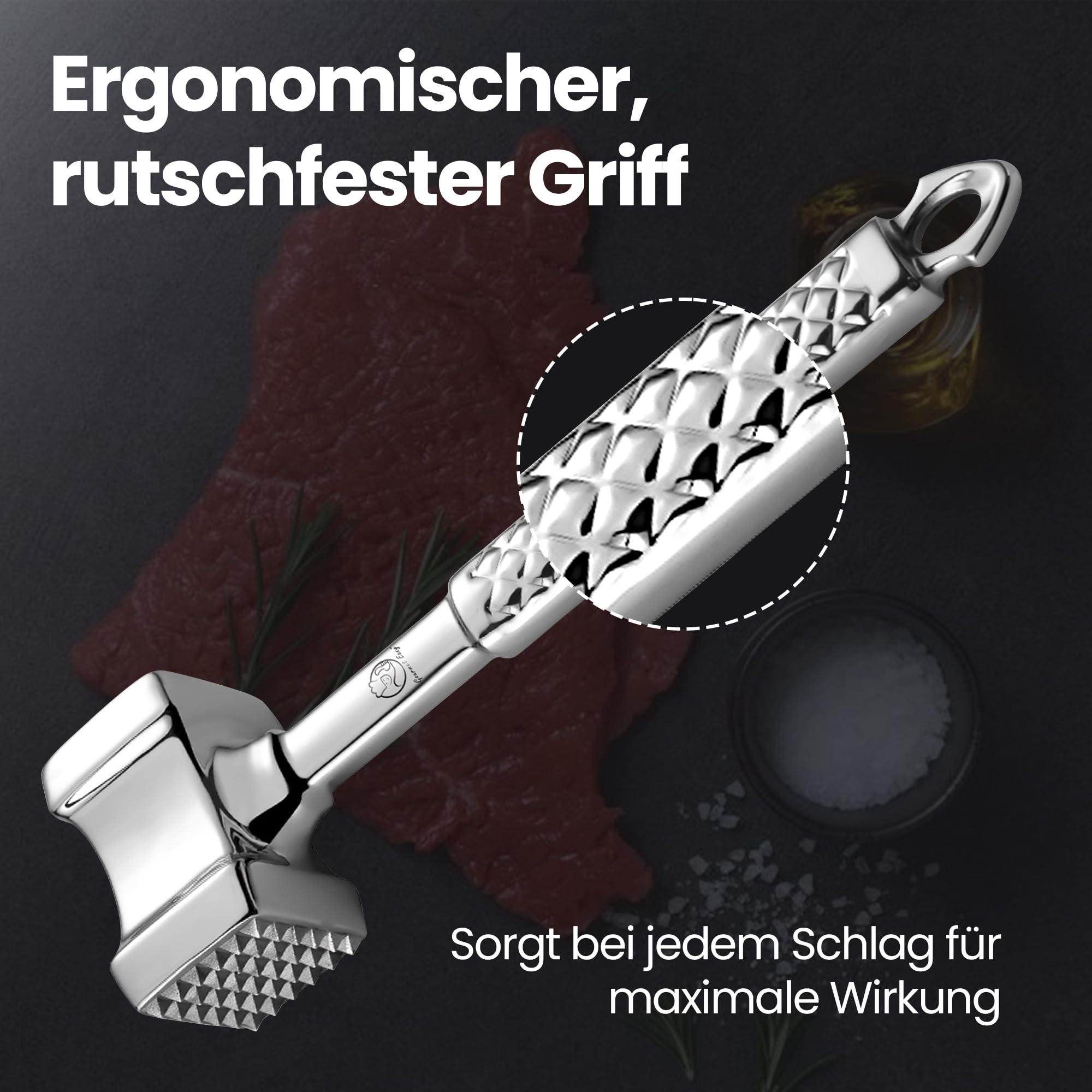 Fleischklopfer Edelstahl spülmaschinenfest - Original Design - Doppelseitiger Schnitzelklopfer ideal für Schnitzel, Koteletts, Steaks - Fleischhammer mit lebenslanger Garantie 5