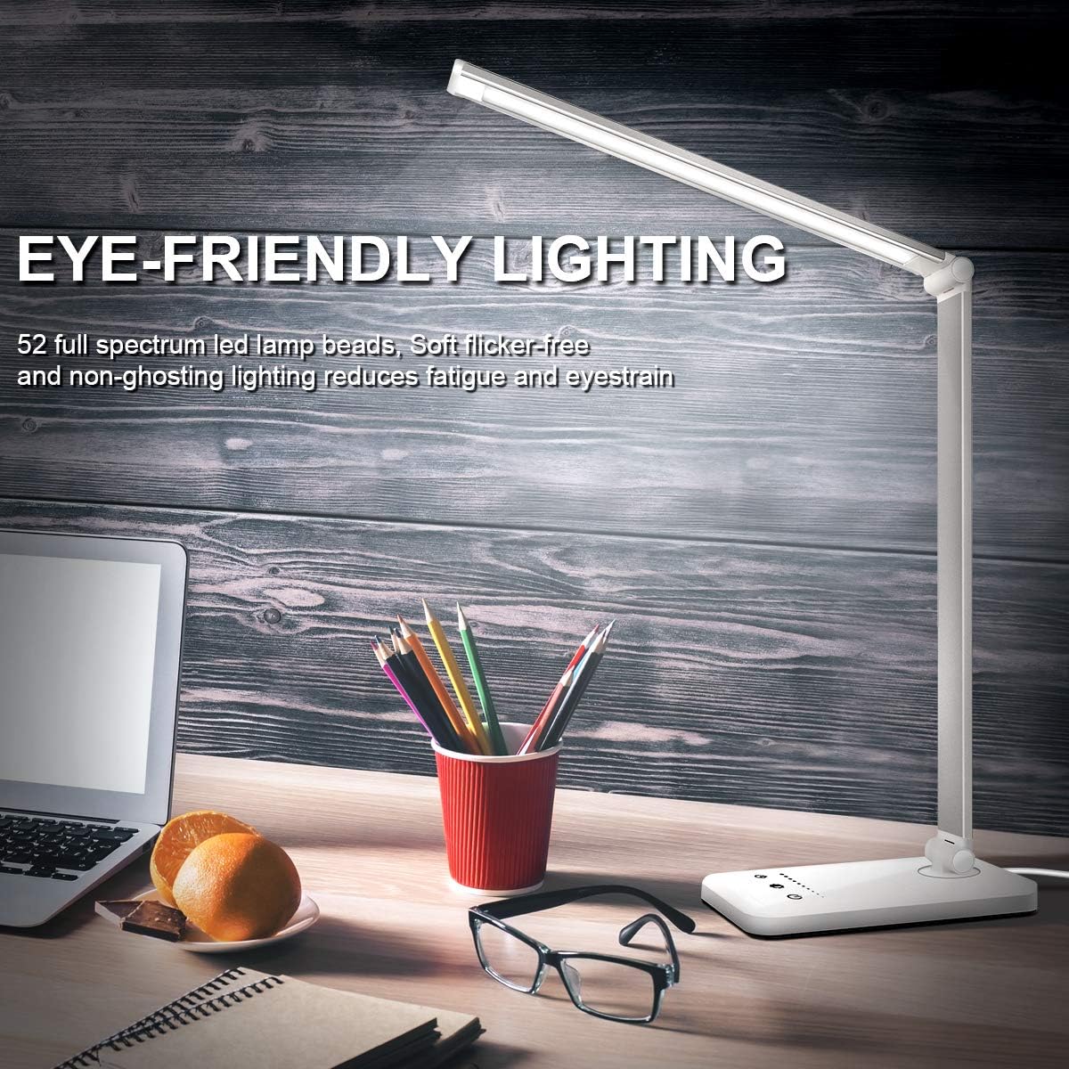 LED Desk Lamp, Eye-Caring Table Lamps, Natural Light Protects Eyes, 5 Modes, 10 Brightness Levels, Touch Control, Adjustable Table lamp with USB Charging Port, Auto Timer 30 / 60min, White: Home Improvement
