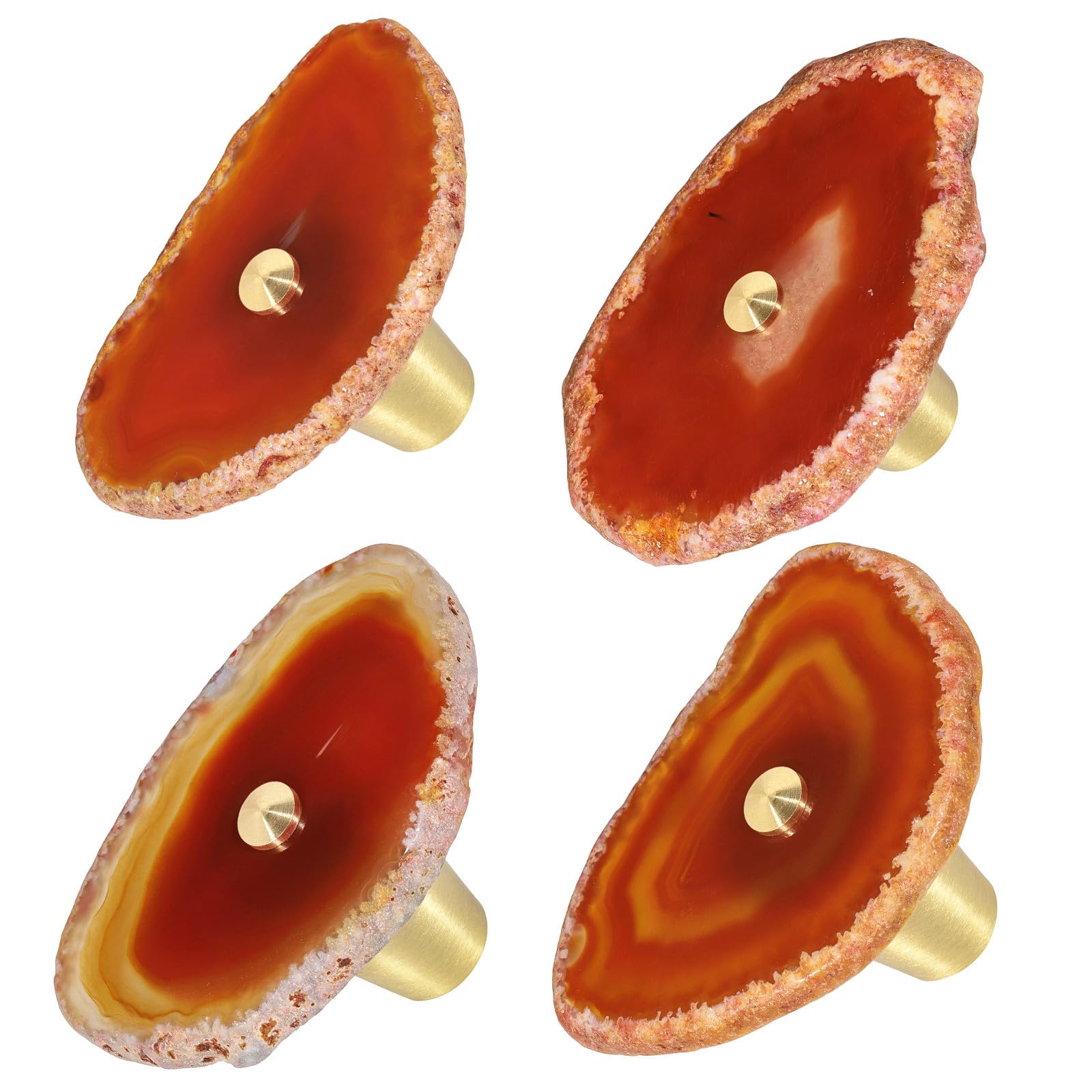 Mookaitedecor Set of 4 Red Agate Crystal Drawer Knobs with Screws, Irregular Red Crystal Stone Handles Pulls for Cupboard Cabinet Wardrobe Kitchen Unique Decorative Furniture Brass Knobs