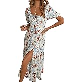 BLENCOT Womens Casual Summer Square Neck Short Sleeve Split Thigh Cotton Dress Boho Floral Print Tie Front Midi Dresses