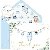 Loyoot 25 Pack Baby Shower Thank You Cards, Blue Cloth Thank You Note Cards with Envelopes Stickers for Boy, 4 x 6 Blank Greeting Cards for Birthday Baby Shower Party