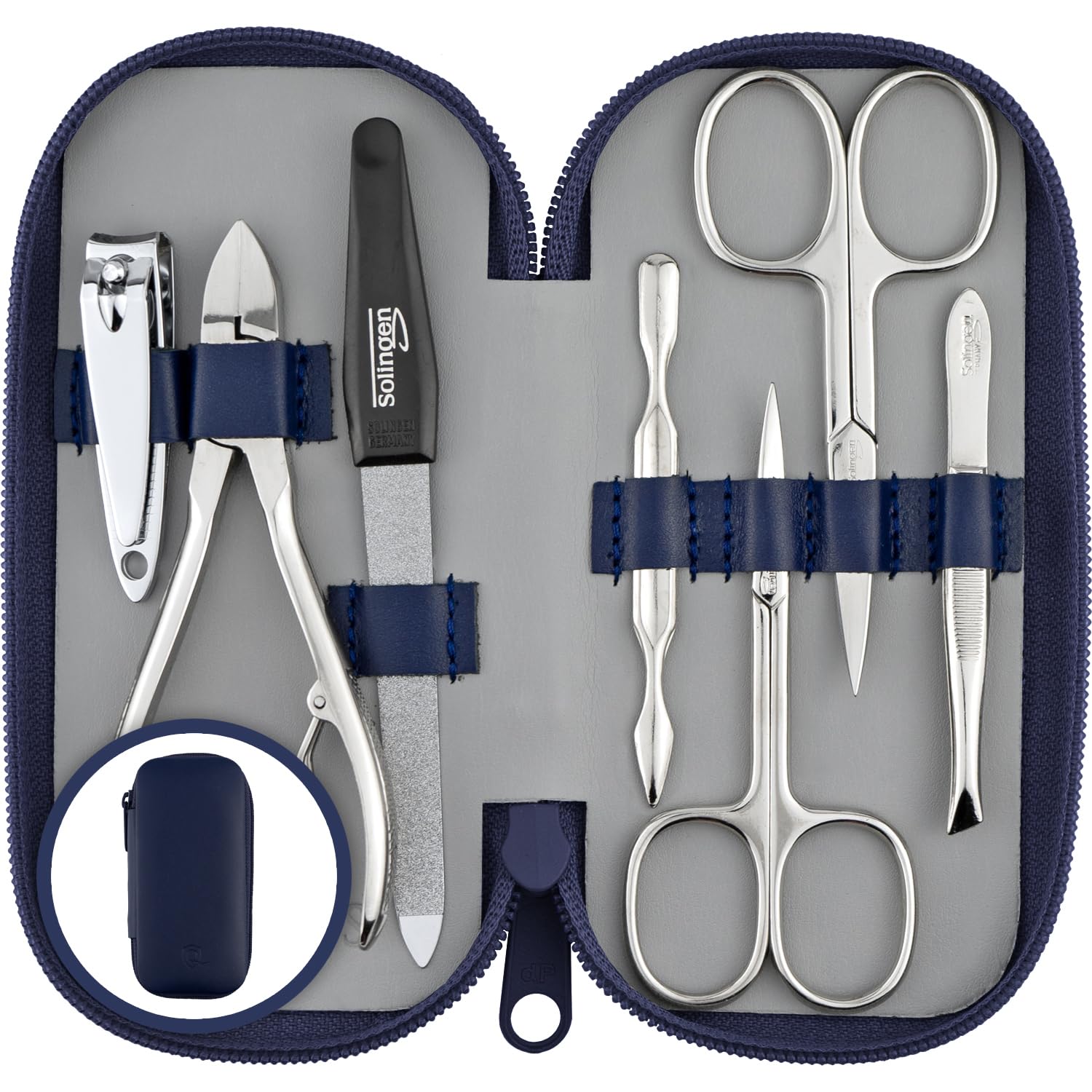 Solingen Manicure Set for Women & Men - 7-Piece Pedicure Kit Made in Germany with Nail Nippers - Elegant and Handy Fashion Leather Case - Ideal as a Gift, for Travelling or Home Use, Blue