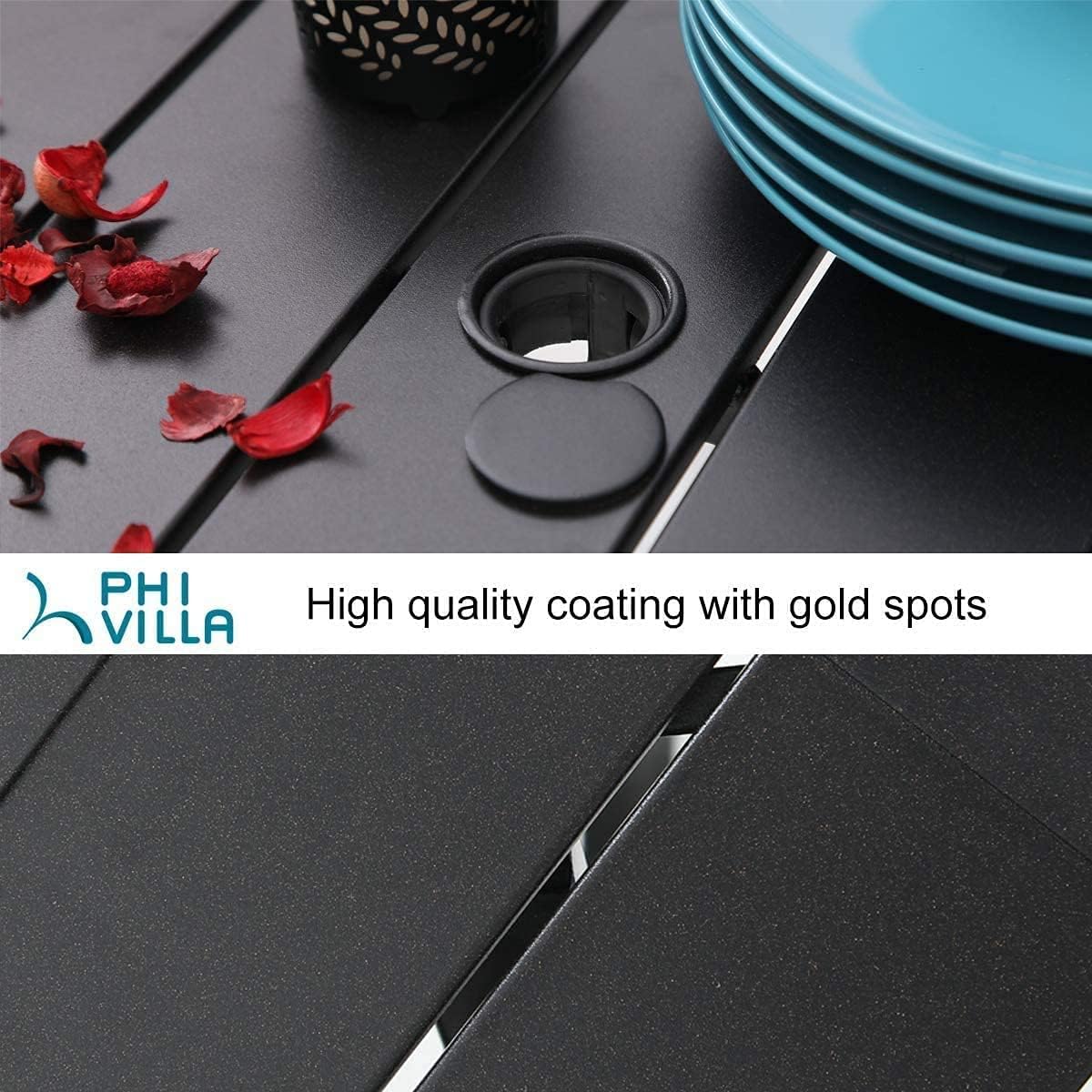 PHI VILLA Outdoor Patio 60" x 38" Rectangle Dining Table for 6-8 Person with Umbrella Hole, Classic Black: Kitchen & Dining