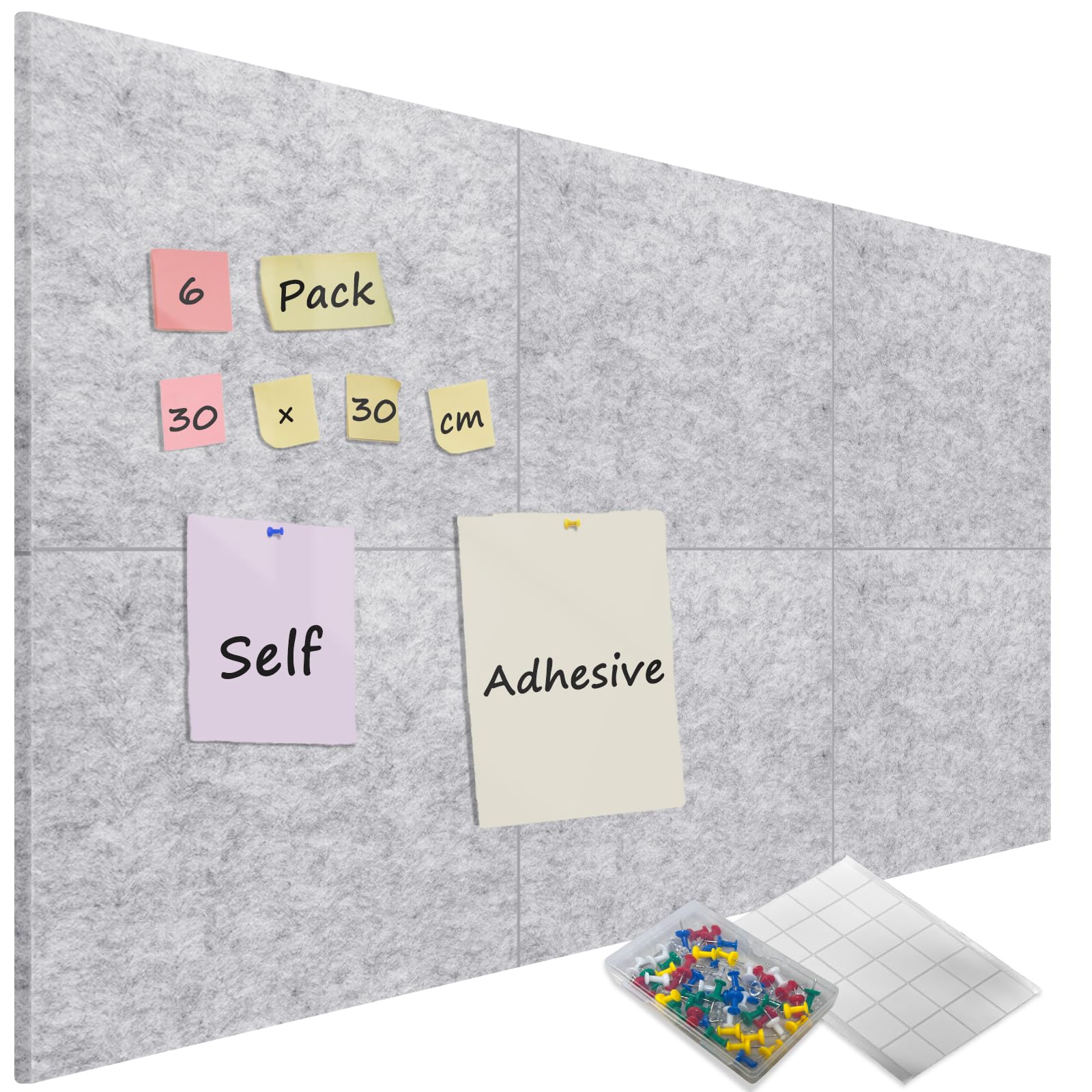 Sliandtelly Filz Pinnwand selbstklebend, 6 Stück Filzwand Korkplatte Mit 60 Pins & Abnehmbaren Klebebändern, Grau Foto Pinnwände Dicke 12mm, 60x90cm, Wandschonend Für Küche Zuhause Büro Schule