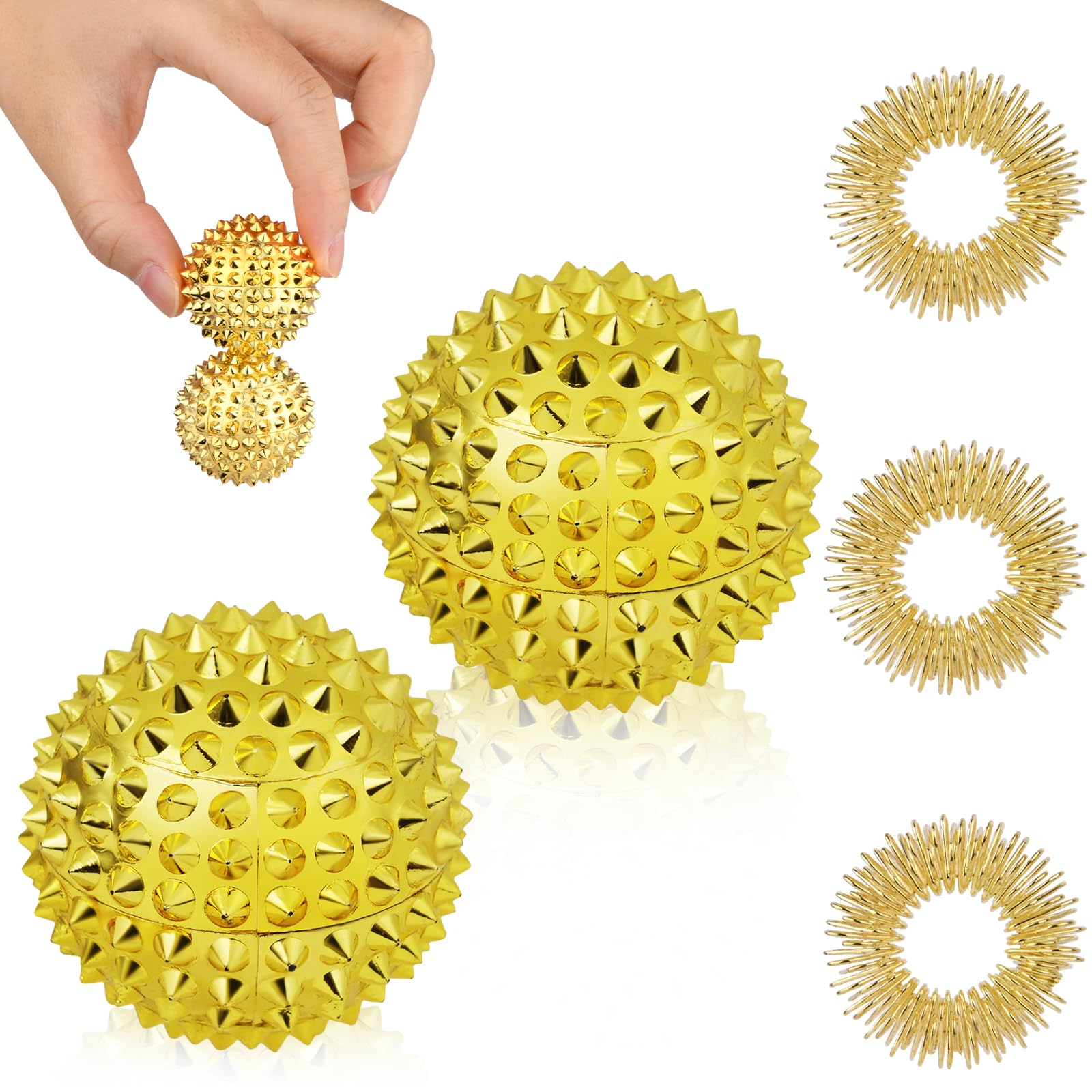 URAQT 2Pcs Magnetic Massage Ball Set with 3 Massage Ring, Hand Acupuncture Ball for Physical Therapy, Health Magnetic Massage Ball & Fidget Ring for Stress Relief Tight Muscles(Gold)
