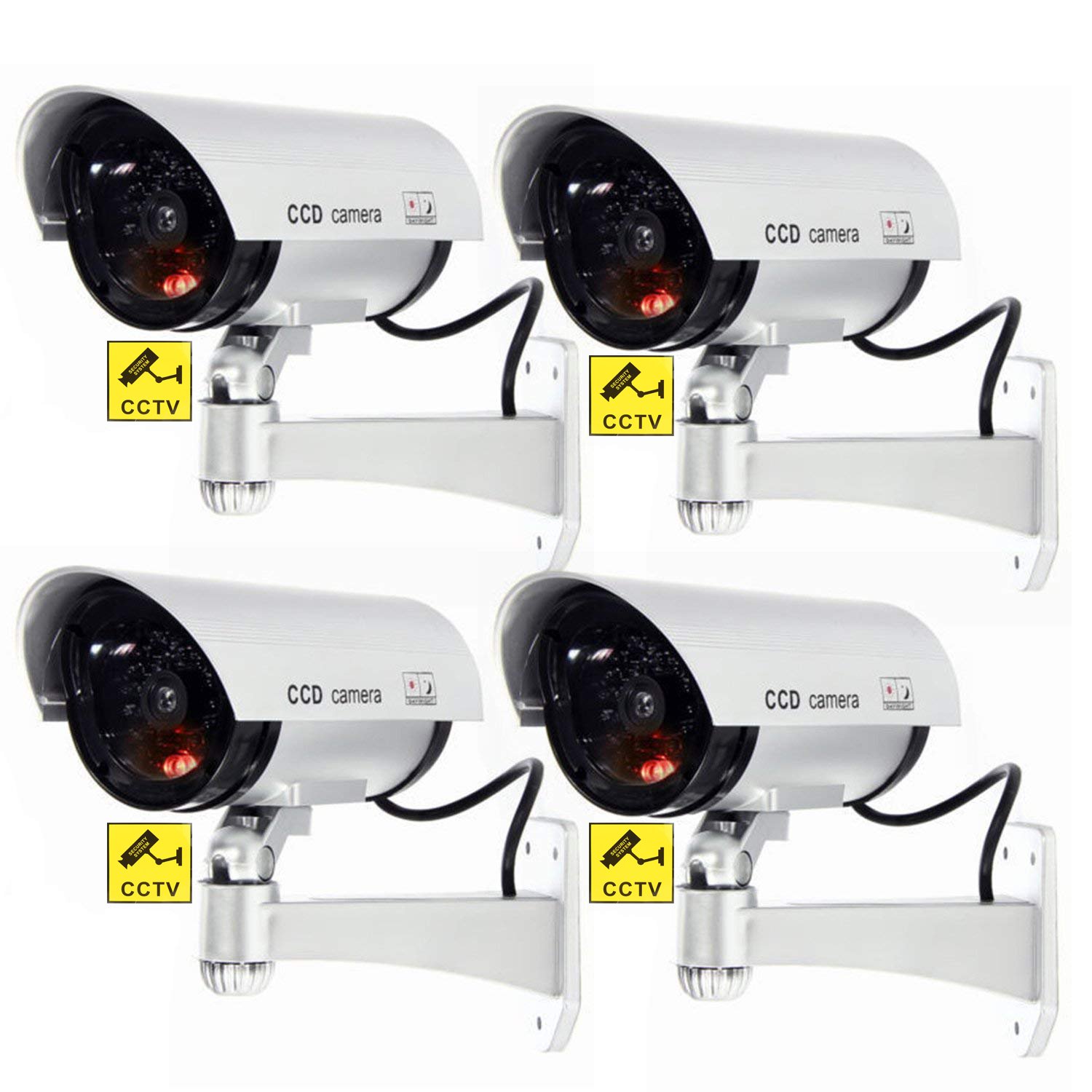 BW 4pcs Outdoor Indoor Fake Dummy Imitation CCTV Security Camera W/Blinking Flashing Light Bullet Shape Silver